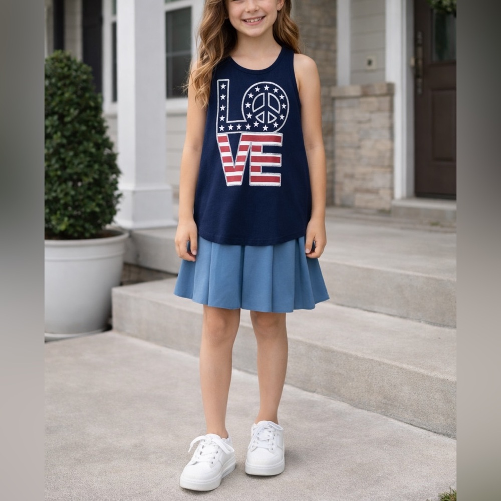 Jolie & Joy Girl’s Patriotic LOVE Tank & Skirt Set Blue Size 7/8